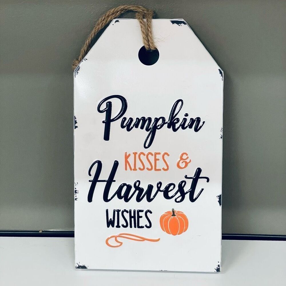 NWT 12” METAL ENAMEL Pumpkin KISSES & Harvest WISHES Autumn SIGN - Picture 6 of 7